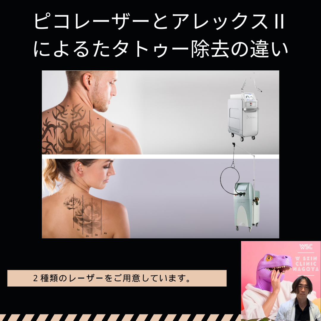 ピコレーザーとアレックスⅡレーザーによるタトゥー除去の特徴、メカニズム、除去しやすい波長、副作用について、名古屋の美容皮膚科医が解説