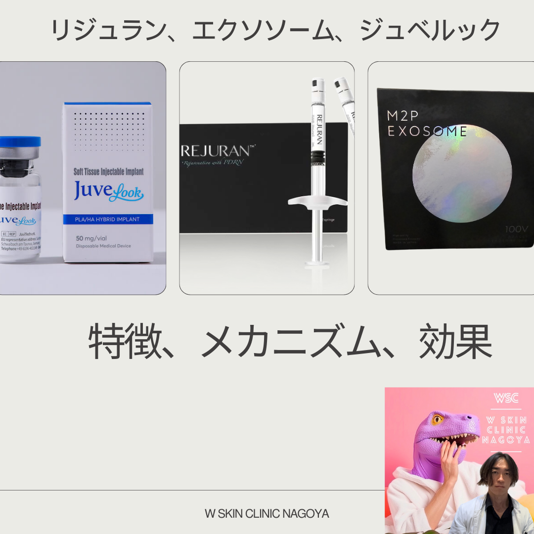 リジュラン、エクソソーム、ジュベルック、それぞれの特徴、メカニズム、効果について、名古屋の美容皮膚科医が解説